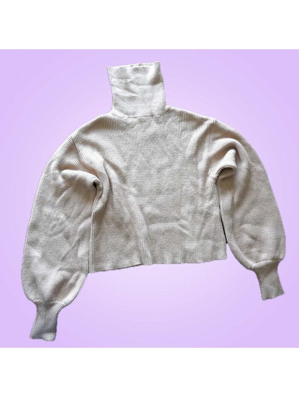 Forever 21 Womens Beige Turtleneck Cropped Sweater Balloon Sleeve Small
